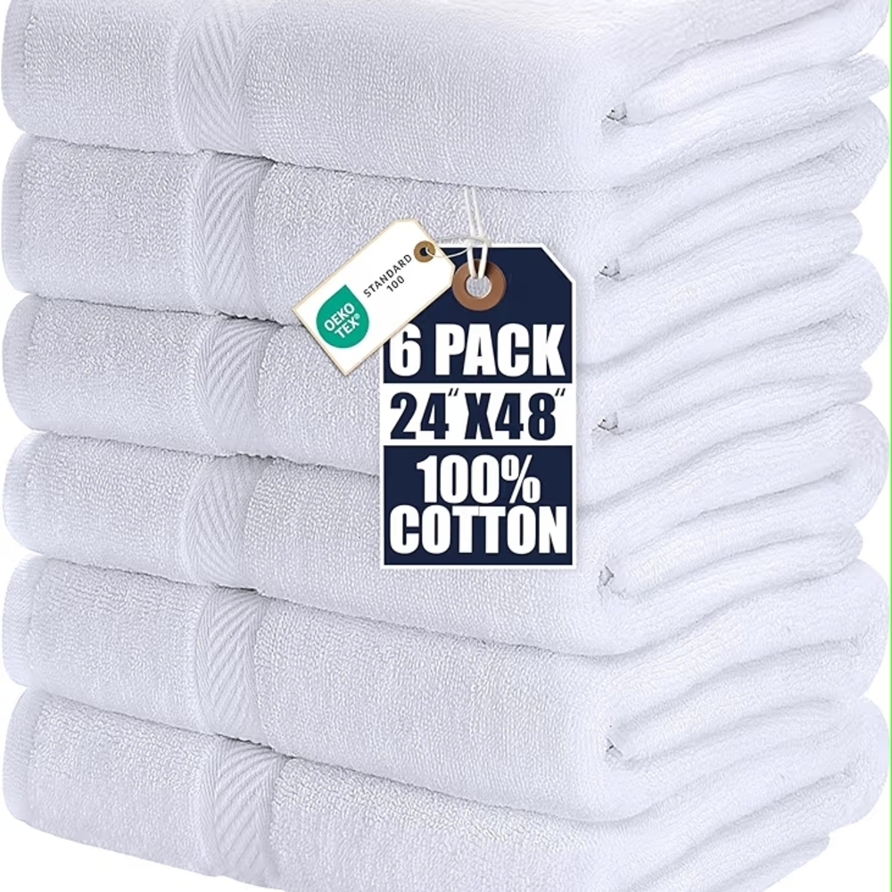 Bath Towels Set of 6 Medium Bath Towels, 100% New in Box Ringspun Cotton